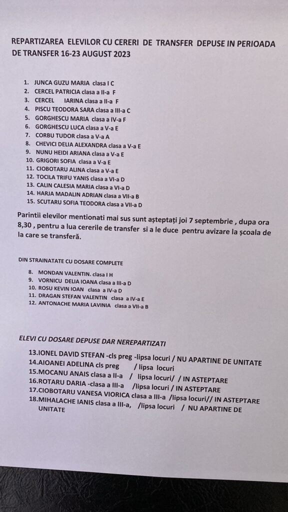 Repartizare elevi cereri de transfer