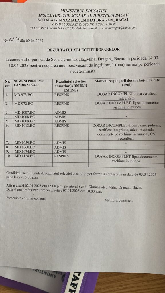 Rezultat selecție dosare post îngrijitor