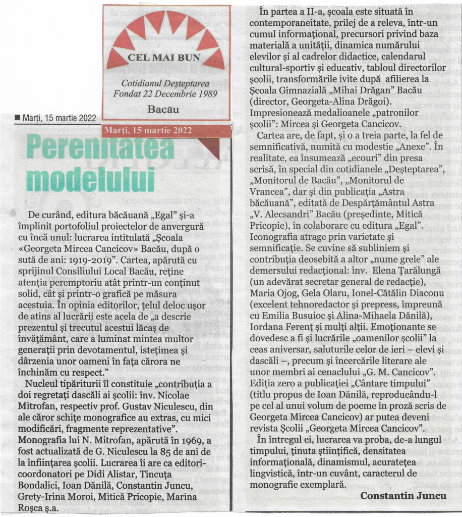 Pagină ziar Centenar GM Cancicov