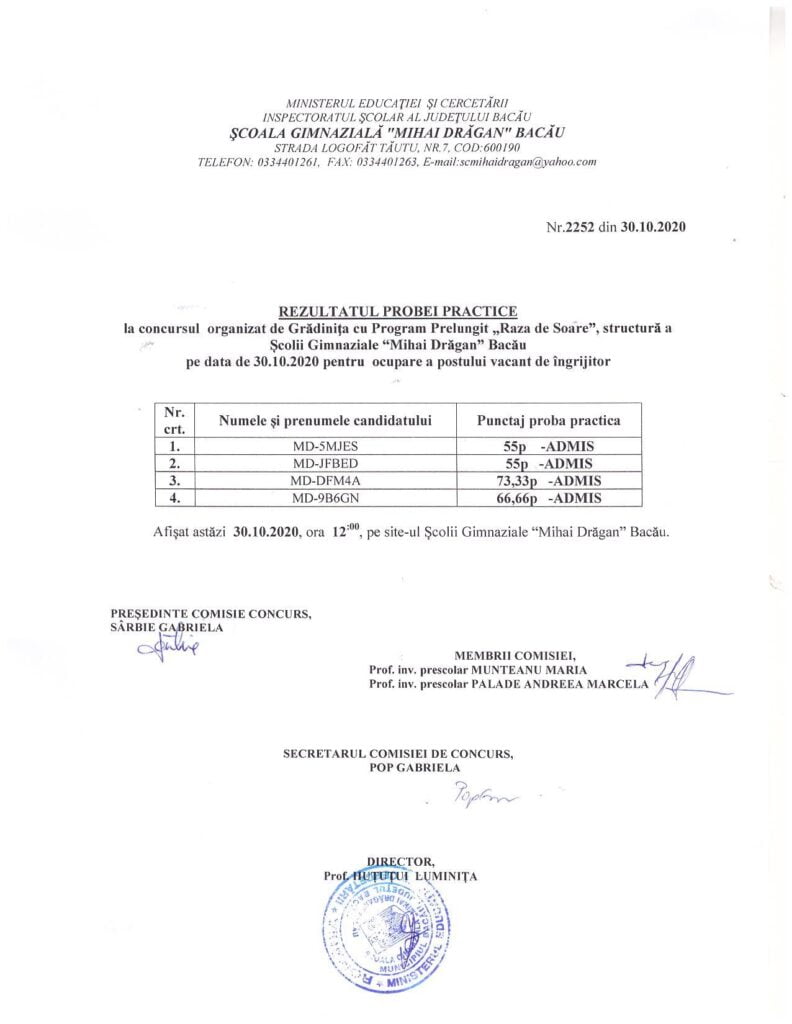 Rezultate proba practică concurs îngrijitor