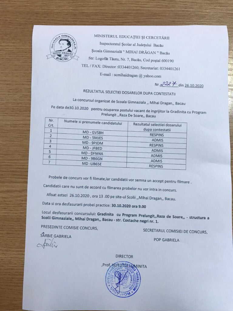 Rezultat selecții dosare după contestații