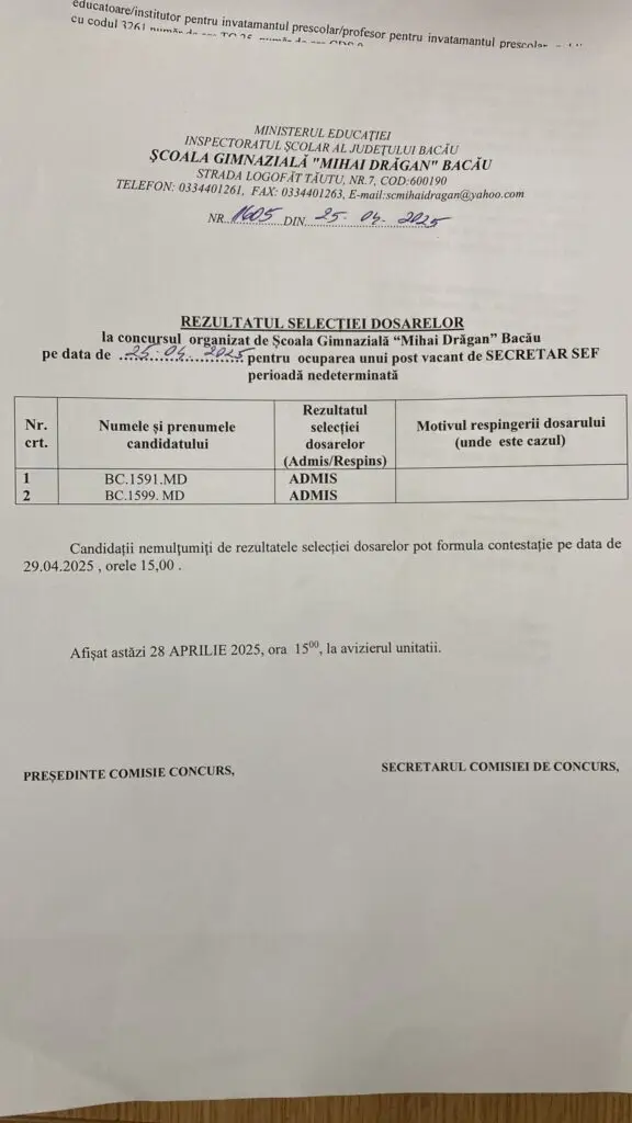 Rezultat selecție dosare post secretar șef