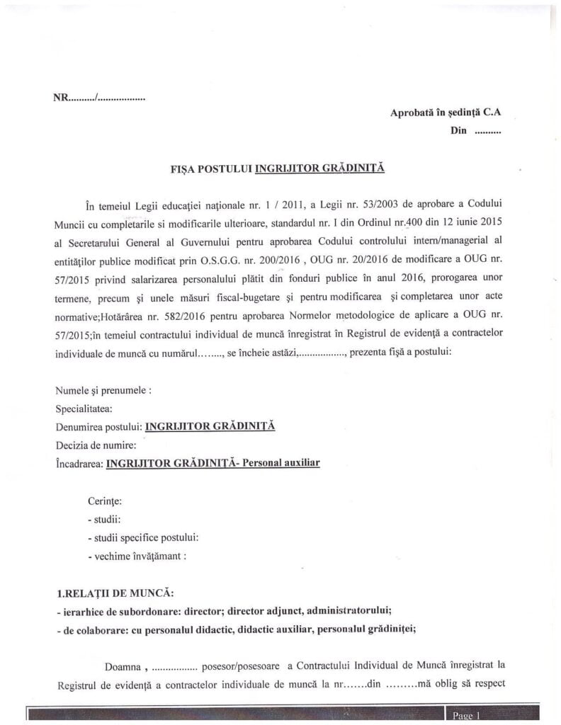 Anunț concurs îngrijitor grădiniță