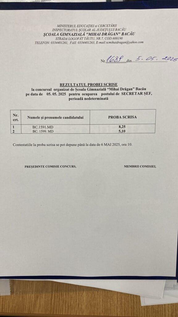 rezultat probă scrisă post secretar șef