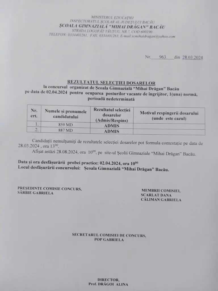 Rezultat selecție dosare îngrijitor